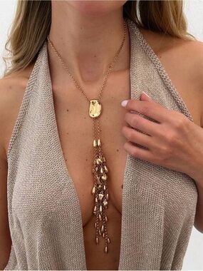Gold Tassel Lariat Necklace with Polished Pendant